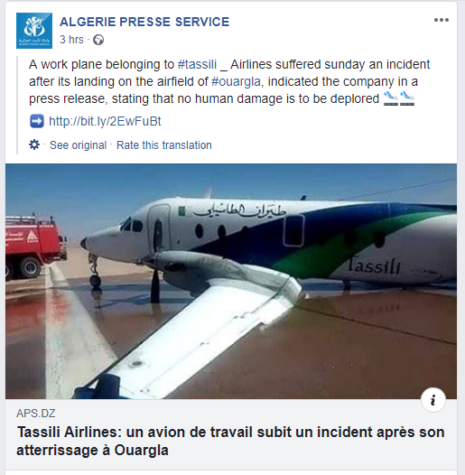 A Tassili Airlines Beech 1900D (7T-VIO) suffered a left-hand main gear collapse on landing at Ouargla Airport, Algeria     
