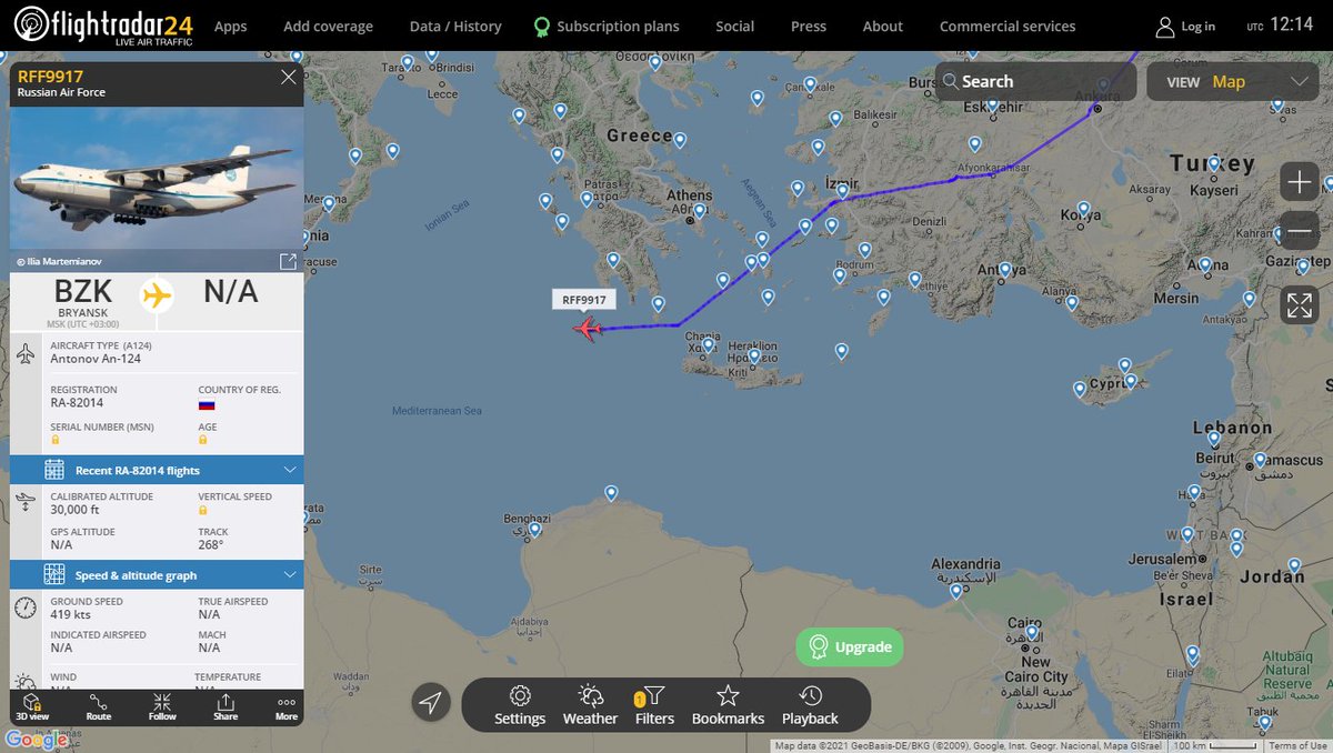 Russian Air Force Antonov An-124 RFF9917 heading over the Mediterranean
